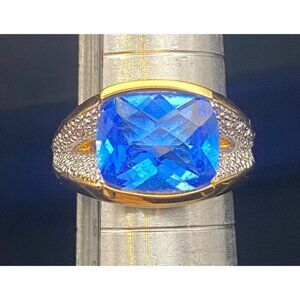 Gold Tone Ring Blue Cushion Cut Size 7 Illusion Set Unisex Velvet Rose Gift Box